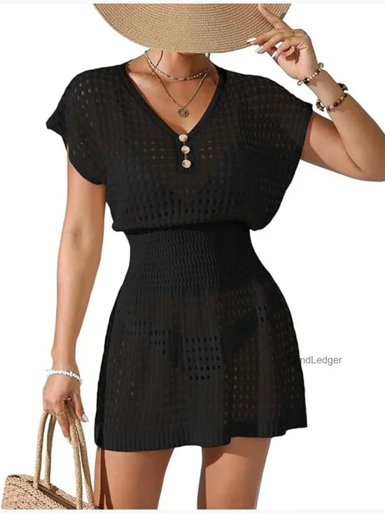 Crochet Mesh Cover Up Mini Dress V Neck Beach Vacation Swimsuit - Picture 1 of 7